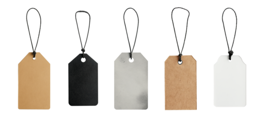 Carton paper label tags, with black string cord knot. Different colored versions, isolated on transparent background. Generative AI