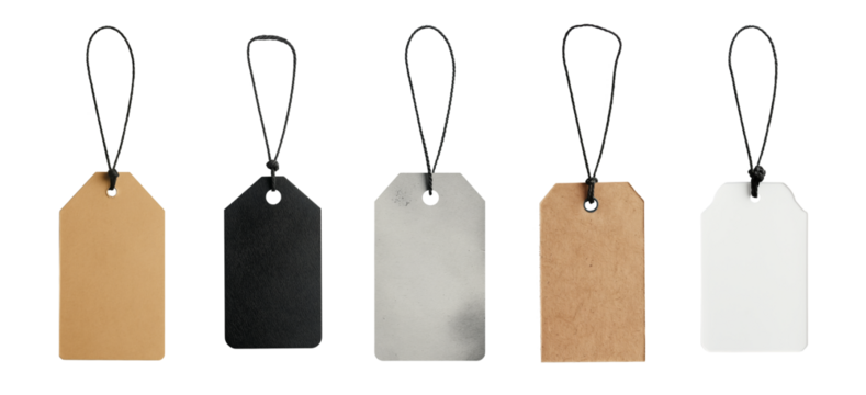 Carton paper label tags, with black string cord knot. Different colored versions, isolated on transparent background. Generative AI