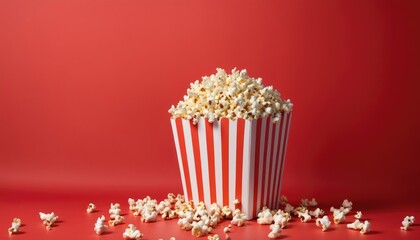 A box of popcorn on left side of the composition on a red background, banner space for text on the canvas