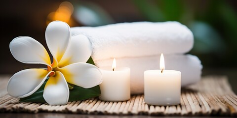 Beautiful spa composition with white towels, white candles and frangipani flower. Relax calm asian decoration scene view