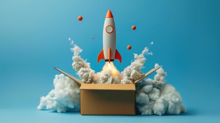 A toy rocket launches out of a cardboard box against a blue background, symbolizing innovation, creativity, and startup ideas.