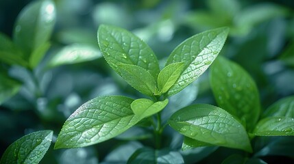    a green plant with water droplets on its leaves and a soft background