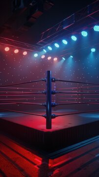 A boxing ring with red and blue lights