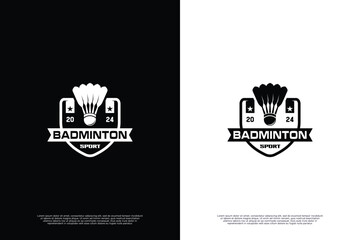 Fototapeta premium Badminton logo design with shield emblem shape
