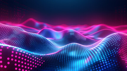 Abstract digital art featuring futuristic neon waveforms with vibrant blue and pink hues, creating a mesmerizing and dynamic visual effect.