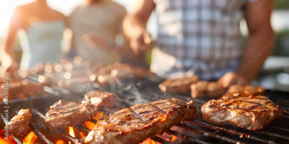 Wall mural Barbecue Scene Grilled Meat with Friends and Family in the Background. Concept Barbecue Scene, Grilled Meat, Friends and Family, Outdoor Dining, Summer Gatherings - Wall murals