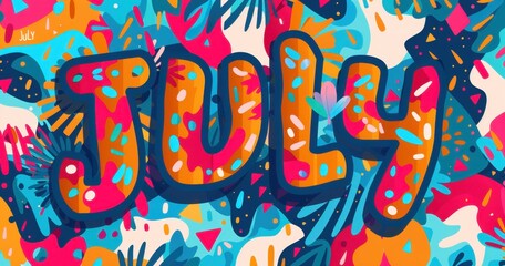 A vibrant and colorful word "JULY" in bold, playful lettering with an abstract geometric pattern background, symbolizing the joy of summer on a white isolated background Generative AI