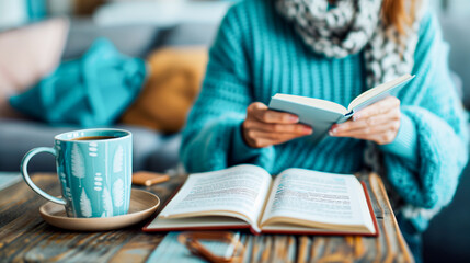A person reads a book on a wooden table with a cup of coffee nearby. The warm lighting and cozy atmosphere create a sense of relaxation and peace
