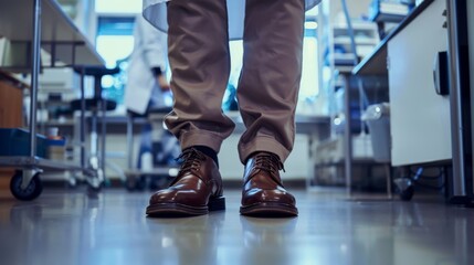 Fototapeta premium close up of male doctor's legs in white lab coat in hospital