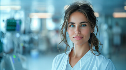 Fototapeta premium A young woman with blue eyes, wearing a white lab coat, gazes confidently at the camera in a hospital setting