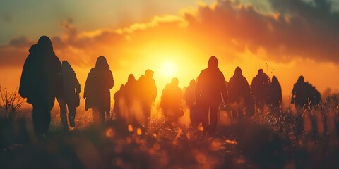 Border immigration resulting from global political conflicts, war, and climate change leading to refugee crises. Concept Border politics, Global conflicts, Refugee crises, Climate migration