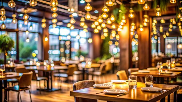 Empty Table with Glass of Water in a Cozy Restaurant with String Lights