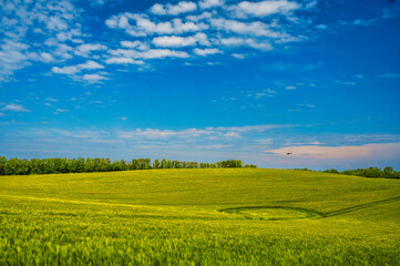 Weites Feld mit Helikopter am Horizont