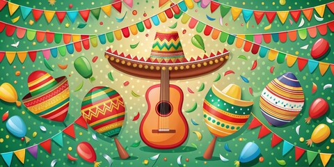 Obraz premium Colorful Fiesta Illustration with Sombrero, Guitar, Maracas, and Decorations