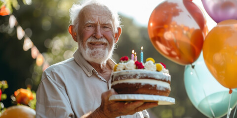 Happy elderly man holding a birthday cake in his hands at his big birthday party next to inflatable balloons