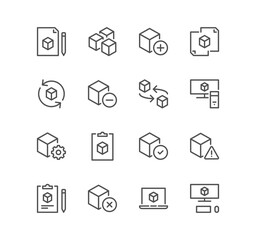 Set of abstract product related icons, module, application, design, metaphor and linear variety vectors.	
