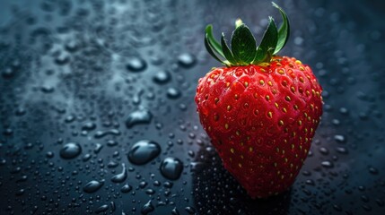 Fresh and vibrant strawberry with raindrops on a dark backdrop perfect for eye catching advertising to encourage quick purchase