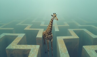 A giraffe standing in the middle of an endless maze, symbolizing navigating complex challenges and hazy dreams