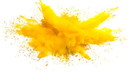 Abstract image of a bright yellow powder explosion against a white background, creating a dynamic and energetic visual effect.