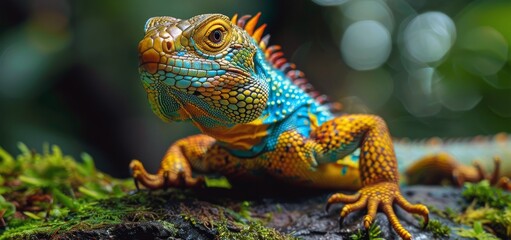 Obraz premium A Colorful Lizard Perched on Mossy Branch in a Lush Rainforest