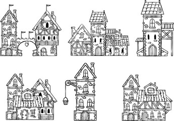 Medieval house. Village building. Old house with chimney. Sketch image of vintage european street. Cartoon retro illustration