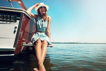 Ocean, smile and travel with woman on boat for adventure, journey or trip on summer vacation....