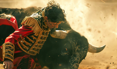 Obraz premium A young matador in red and gold is seen with his arms around the head of an angry black bull