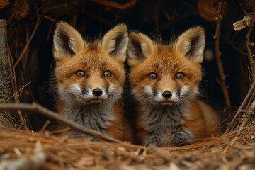 Obraz premium Adorable baby foxes peeking out of their den, with bright eyes and bushy tails,