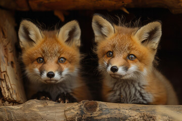 Fototapeta premium Adorable baby foxes peeking out of their den, with bright eyes and bushy tails,