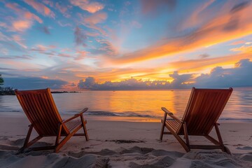 An idyllic beach scene at sunset, featuring two wooden chairs placed on the shoreline,