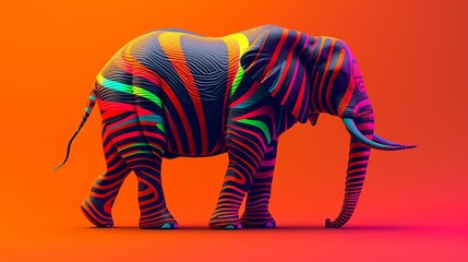 A vibrant, digitally created striped elephant displayed against a striking orange background