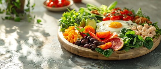 An Assortment of healthy foods presented on a circular wooden board for a balanced diet