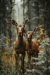 Young moose calves standing next to their mothers in a forest clearing,