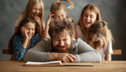 A bearded man is struggling to read a book at a table while his friends in the background laugh, capturing a comical and lighthearted moment full of fun and amusement.