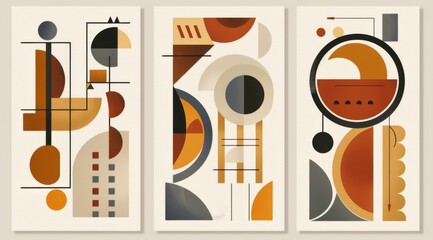 Retro Geometric Art Set: Earthy Tones in Three Vertical Panels