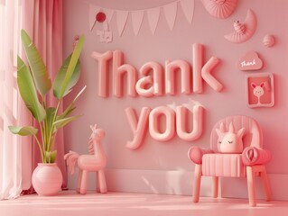 Side shot of 3D letters "Thank you" in children's room, pastel pink color 