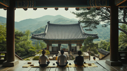 Temple Stay - A serene temple stay experience, with people meditating and participating in traditional ceremonies, summer in Korea, temple stay, hd, peaceful with copy space