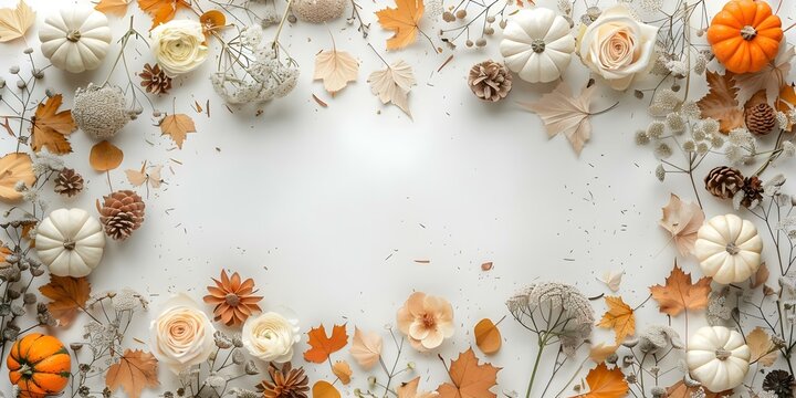 Thanksgiving-themed flat lay featuring dried leaves, pumpkins, flowers, and white decor. Concept Thanksgiving Decor, Autumn Flat Lay, Seasonal Display, Harvest Vibes, Rustic Table Setting