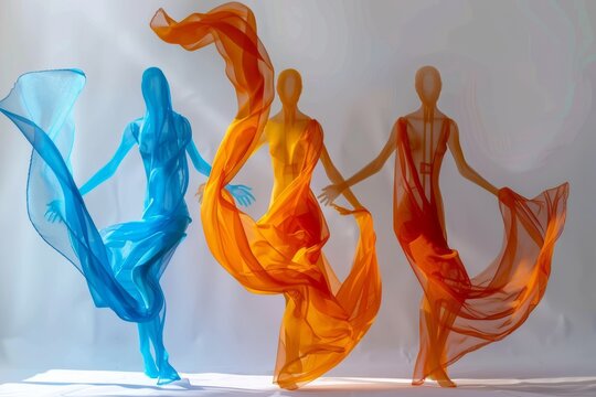Concept made of abstract human figures made of plastic in bright colors with long flowing fabric blowing around them, floating on a white background