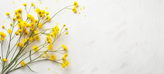 top view blossoming yellow mustard branch on white wall with grunge texture, summer spring minimal background idea with copy space