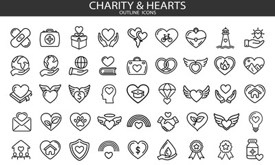 Charity and hearts icons set Vector and transparent illustration. Containing box, donation, charity, house, heart, selfcare, care, compassion, hand, love, subsidy, and more.
