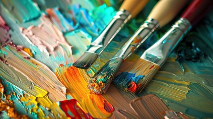 Fototapeta premium Close-Up of Paintbrushes with Vibrant Acrylic Paints on Palette