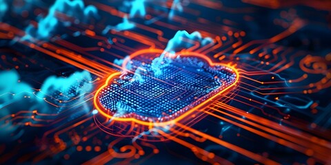 Modern serverless technology and hybrid cloud network for digital infrastructure equipment. Concept Serverless Technology, Hybrid Cloud Network, Digital Infrastructure Equipment