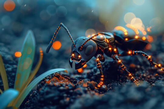 Closeup of a cybernetic ant with glowing sensors on its body, with copy space