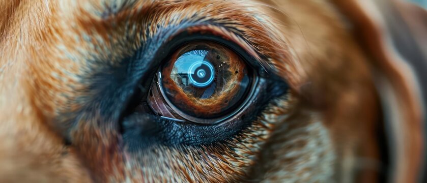 Closeup of a cybernetic dogs eye with a builtin camera lens, with copy space