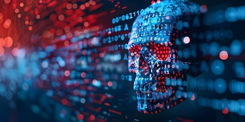 Obraz premium Skull graphic in binary code with cybernetic theme and triadic colors. Concept Cybernetic Theme, Binary Code Skull, Triadic Colors, Digital Art, Graphic Design