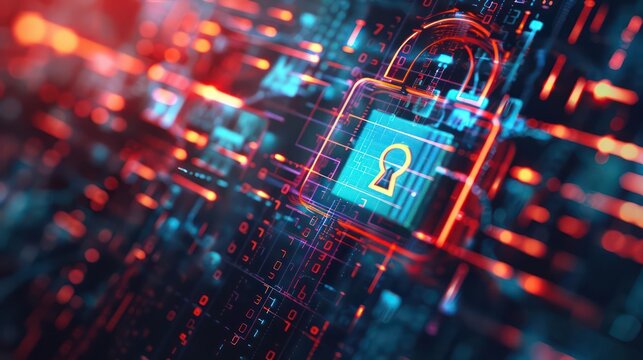 Closeup of a digital padlock icon on a holographic screen, with copy space