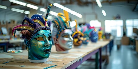 Creative workshop space for making colorful Mardi Gras parade props. Concept Mardi Gras Props, Creative Workshop, Colorful Decorations, Parade Planning, DIY Crafting