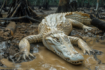 Obraz premium Albino crocodile lying by the edge of a muddy riverbank,