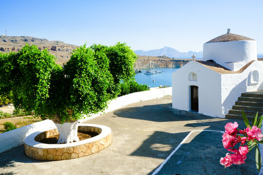 Beautiful medieval architecture of Lindos town in Rhodes, Greece